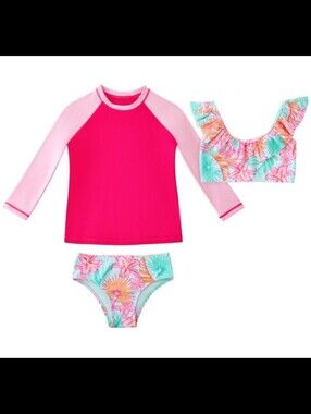 Member's Mark Girls 3-Piece Rashguard Swim Suit Set 3T Laguna Lilies NWT